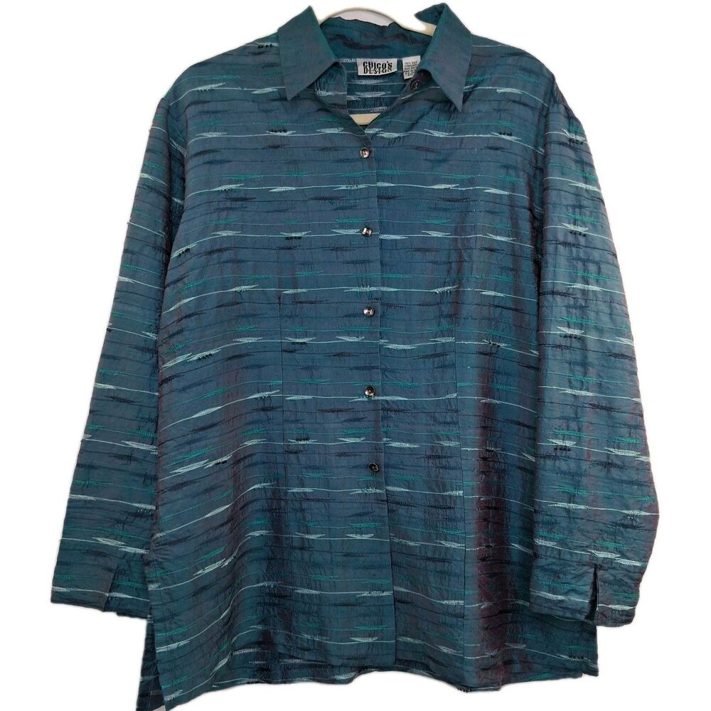 Chico’s Blue Beaded Silk Tunic Blouse, Size 2, or Size L (12) Layering